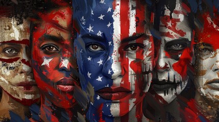 Group of individuals with American flags painted on their faces, celebrating Independence Day on the 4th of July