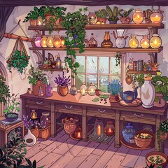 A magical potion shop with shelves of colorful, bubbling elixirs, a captivating scene that transports you to a world of enchantment and mystery