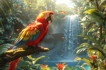 A jungle with colorful parrots located next to a waterfall