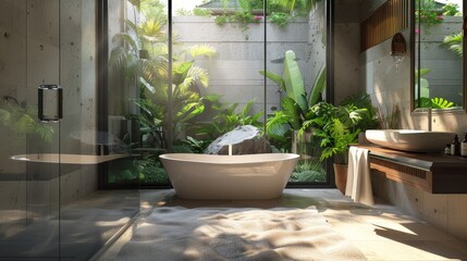 Bathroom with a large glass door opening to a private garden in hot weatherphoto realistic, natural lighting, high resolution photography