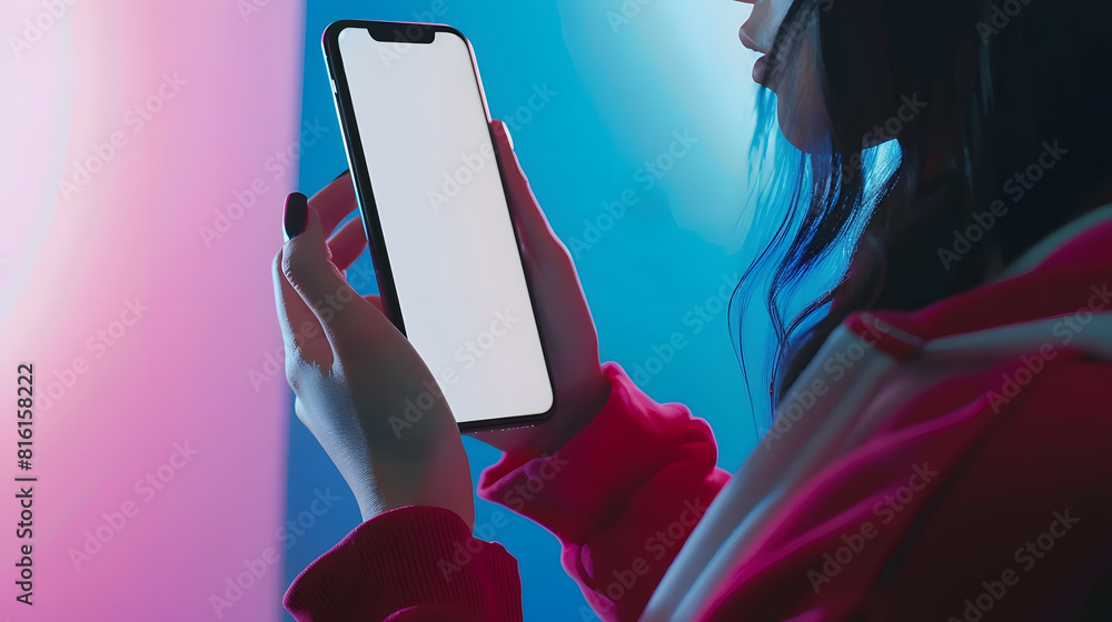 Poster mockup image of a woman holding mobile phone with blank white desktop screen : generative ai