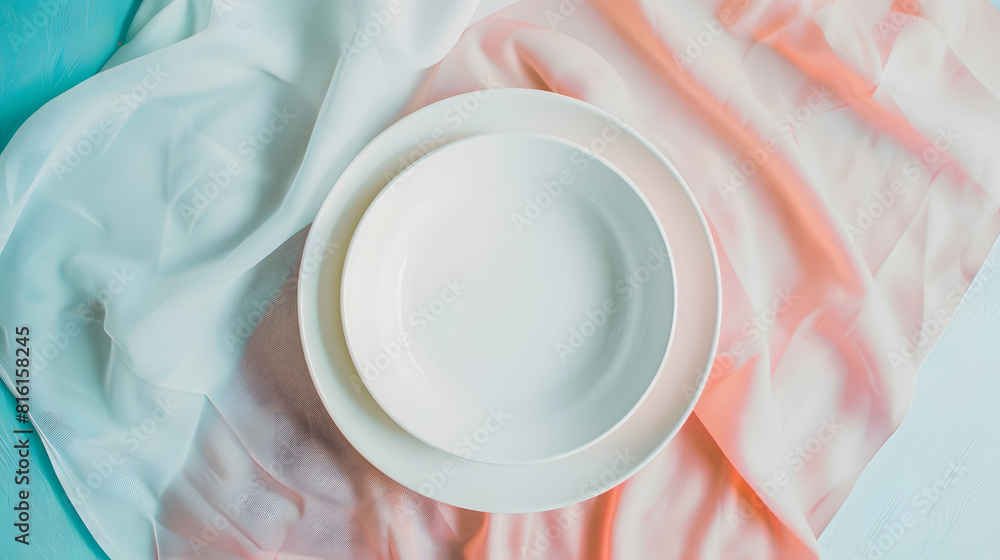Aufkleber Top view on colored background empty round white plate on tablecloth for food Empty dish on napkin with space for your design : Generative AI