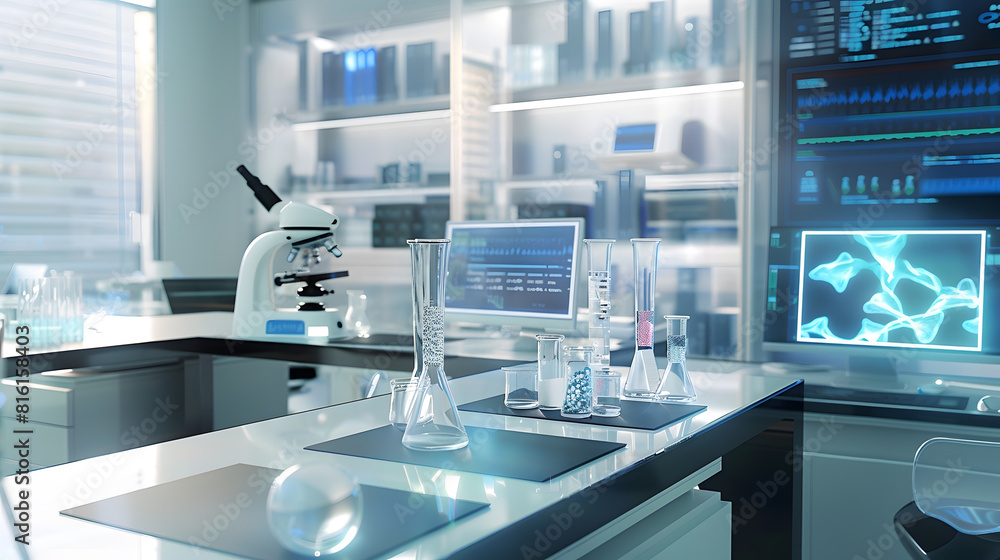 Poster Modern Empty Biological Applied Science Laboratory with Technological Microscopes Glass Test Tubes Micropipettes and Desktop Computers and Displays PCs are Running Sophisticated DNA Ca : Generative AI