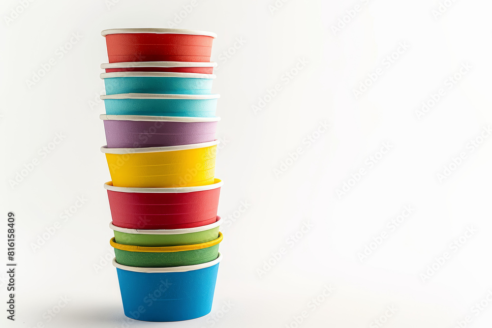 Poster a stack of colorful paper cups isolated on a white backdrop, extracted from the background, with no 