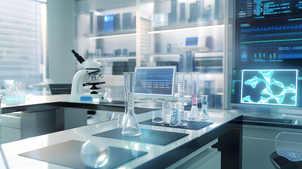 Modern Empty Biological Applied Science Laboratory with Technological Microscopes Glass Test Tubes Micropipettes and Desktop Computers and Displays PCs are Running Sophisticated DNA Ca : Generative AI