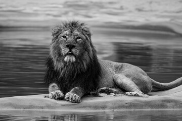 black and white photographs of lions and lionesses resting