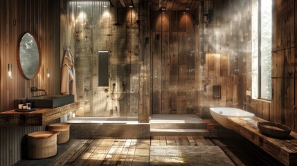 Dadaism of Rustic bathroom with natural wood finishes and a breeze flowing through in heat,Futurism dynamic movement