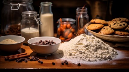 Artfully arranged baking ingredients and cookies illuminated by a warm and inviting light, evoking coziness