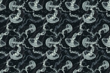 Seamless pattern of white jellyfish floating on a dark underwater background