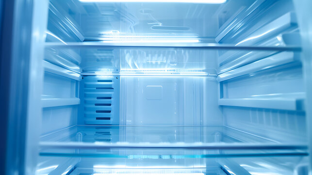 empty freezer of a refrigerator  lce buildup on the inside of a freezer walls : Generative AI