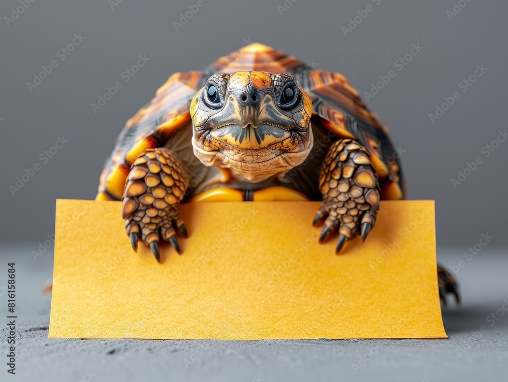 Wall mural A cheerful tortoise hides behind a yellow banner against a soft grey backdrop, looking joyful