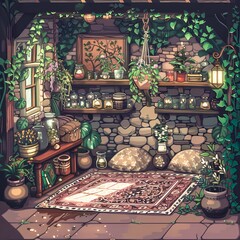A magical potion shop with shelves of colorful, bubbling elixirs, a vibrant display of the magic and charm that lies in the heart of alchemy.