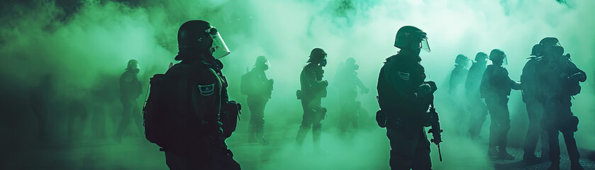 Fototapeta premium Communication (Green): Symbolizes the importance of clear communication between police and protesters to ensure safety and order.