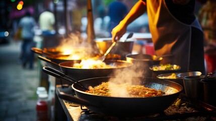 A street chef expertly flips ingredients in a wok amidst the smoke and sizzle of an outdoor food market