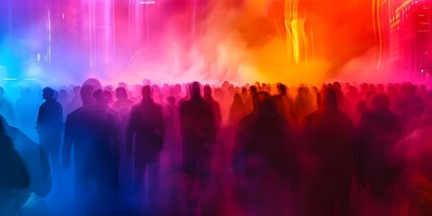 Blurred crowd in city street fog: an abstract urban background reflecting social issues. Concept Cityscape, Blurred Crowd, Urban Background, Social Issues, Abstract Art