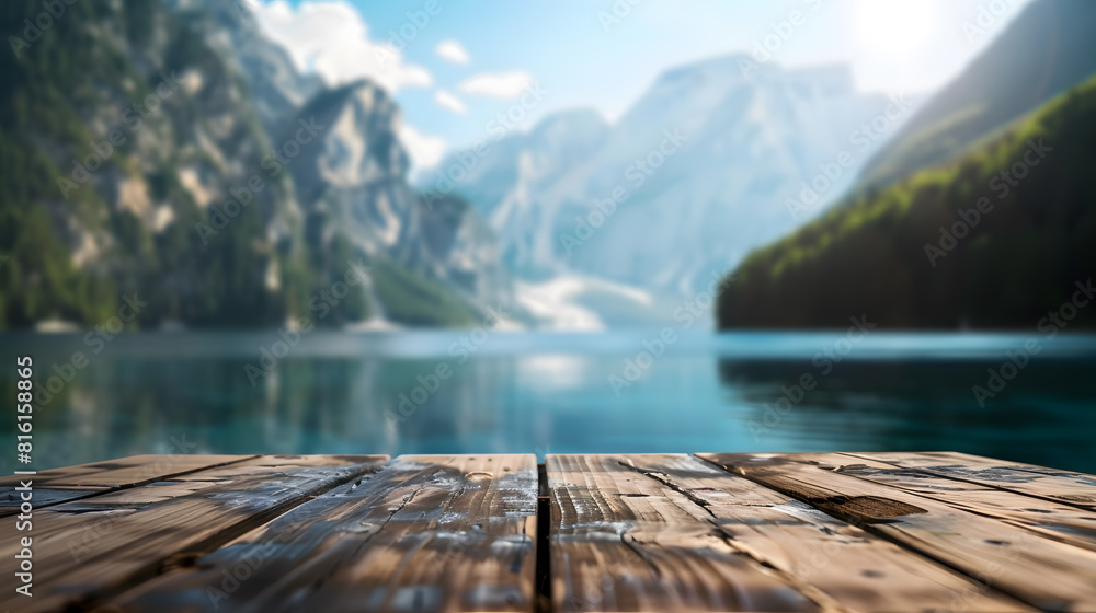 Poster The empty wooden table top with blur background of summer lakes mountain Exuberant image : Generative AI