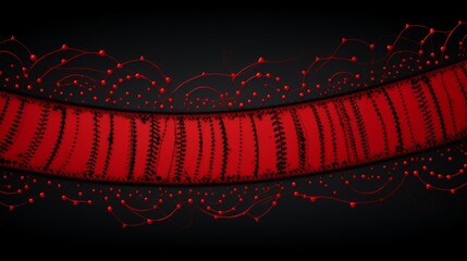 A digital design depicts oscillating waves of red threads and nodes, symbolizing complex biological or technological systems
