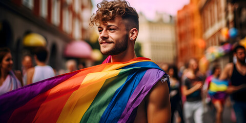 Fototapeta premium Portrait of a happy young man in the crowd people with colorful lgbt flags, gay pride month concept 