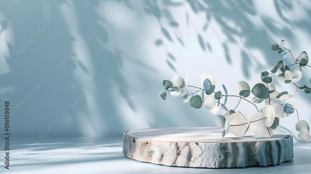 Poster Abstract empty Wood slice podium with eucalyptus leaves and shadows on blue background Mock up stand for product presentation 3D Render Minimal concept Advertising template : Generative AI