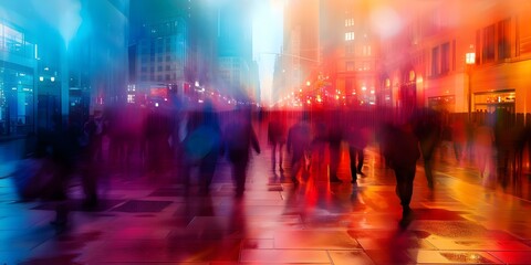 Fototapeta premium Urban Social Issues: Blurred Crowd in City Street Fog - Abstract Background. Concept Urban Living, Social Issues, City Streets, Abstract Art, Street Photography
