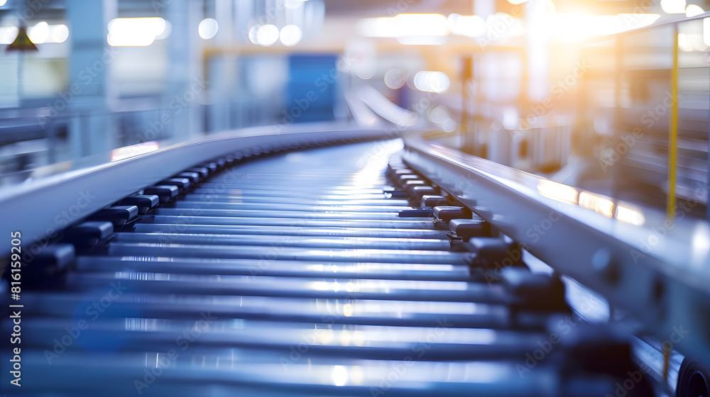 Poster empty modern conveyor belt of production line part of industrial equipment in factory plant automati