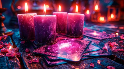 Tarot cards with candle light purple colors. The mystical tarot cards and the soft purple candlelight create a serene and spiritual atmosphere.
