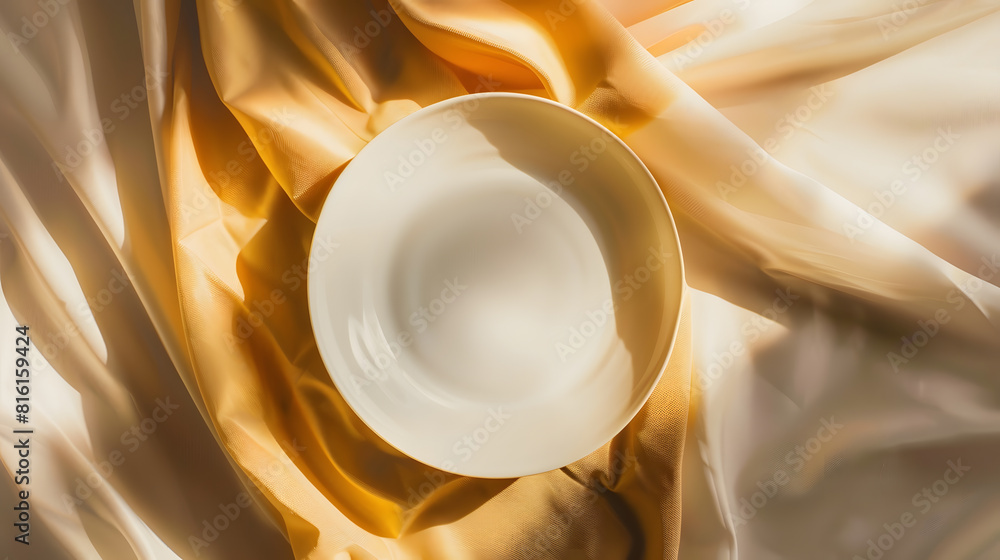 Aufkleber Top view on colored background empty round white plate on tablecloth for food Empty dish on napkin with space for your design : Generative AI