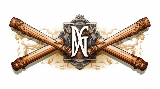 An artistic emblem featuring two crossed vintage-style bats and an ornate monogram with the letters MF amidst classic flourishes