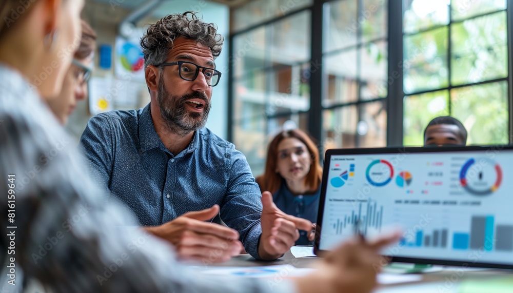 Aufkleber a detailed image of an investor asking questions to young entrepreneurs, with a presentation screen 