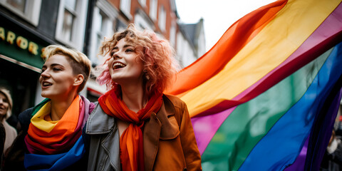 Obraz premium Portrait of a happy young woman with colorful lgbt flag in the crowd in the city, pride month concept 