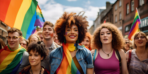 Portrait of a happy young woman with colorful lgbt flag in the crowd in the city, pride month concept  