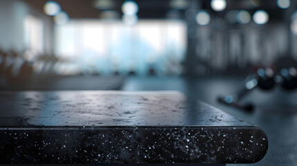 Empty black marble stone table top on blurred with bokeh Exercise room fitness and gym interior background  can be used for display or montage your products : Generative AI