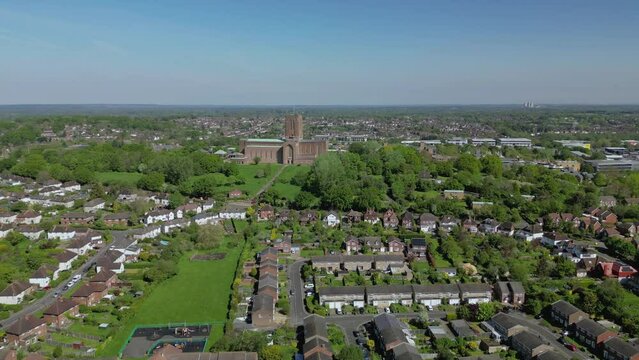 The drone aerial footage of Guildford Cathedral and the city.  Guildford Cathedral is the Anglican cathedral in Guildford, Surrey, England.