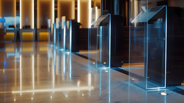 Interior of a hotel lobby with reception desks with transparent covid plexiglass lexan clear sneeze guards : Generative AI