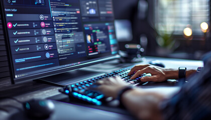 a close-up image of an IT specialist typing on a keyboard while speaking to a customer, with multiple chat windows and technical support tools displayed on the screen, Technology,