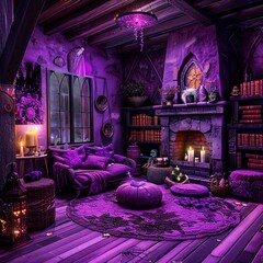 Spooky Halloween Living Room Candles, Falling Glitter, Purple Loveseat Sofa, A chilling ambiance with flickering candlelight and eerie decor, perfect for a haunted house theme
