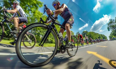 Fototapeta premium An athlete on road bike at triathlon