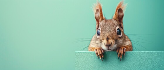 Squirrel joyfully peeks behind mint green banner against cream backdrop
