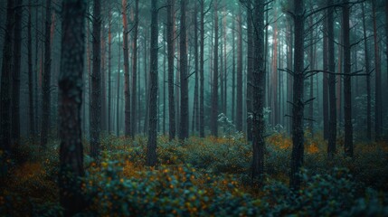 A forest at dusk, with the last light of day filtering through the rain and trees, creating a moody atmosphere.