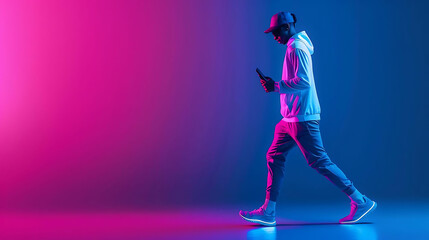 Young stylish man walking in neon light using smartphone.