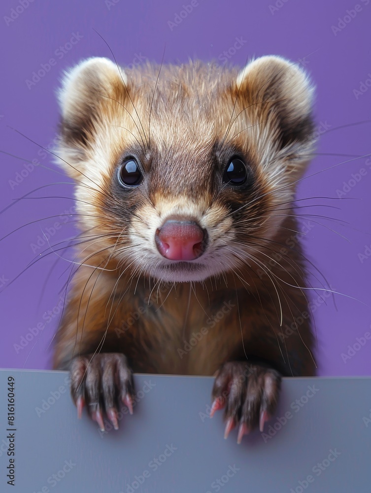 Wall mural A playful ferret peeks from behind a gray banner against a soft purple backdrop