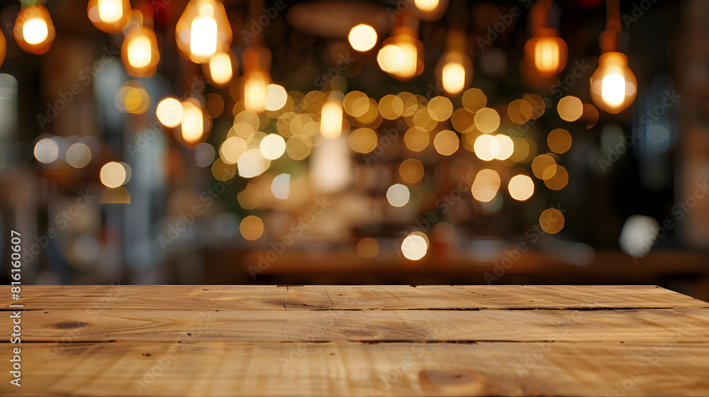 Poster image of wooden table in front of abstract blurred background of resturant lights : Generative AI
