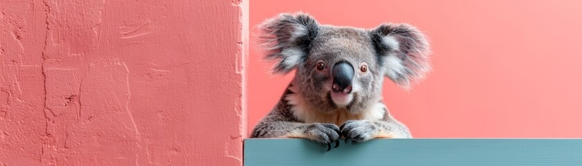 Fototapeta premium A cheerful koala playfully emerges from a teal banner against a soft pink backdrop