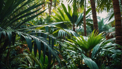 Tropical Tranquility, Close-Up View of Lush Greenery and Palms, Flat Lay Composition.