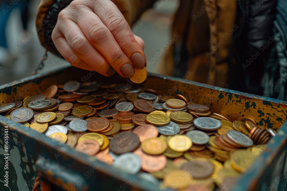Poster a person's hand dropping loose change into a donation box, contributing to charitable causes and phi