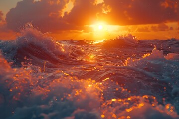 The sun dips low, casting an amber glow over the tumultuous sea, a breathtaking scene of summer's...