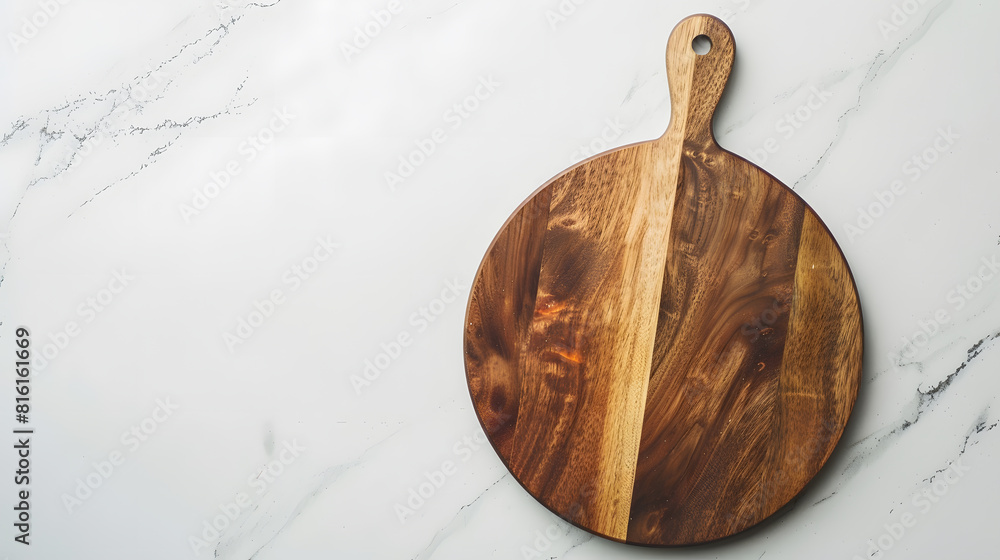 Leinwandbilder round empty wooden charcuterie serving board with handle on a white or gray marble table top view ki
