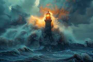 A lone lighthouse stands tall against the pounding waves, a beacon of hope amidst the chaos of summer storms. - Powered by Adobe
