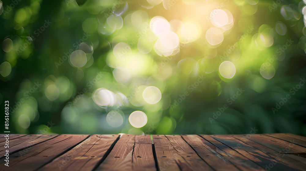 Poster abstract background from wooden table top with blurred nature : generative ai