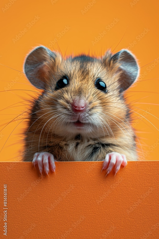 Wall mural The cheerful hamster peers playfully from a bright orange banner against a soft purple backdrop